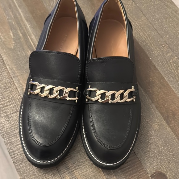 BCBGeneration Shoes - BCBG Black Leather Loafers with Gold Chain